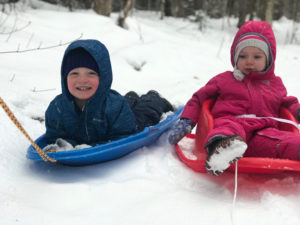kids in snow at Diana's Bath - Winter Hiking in the White Mountains