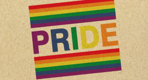 Celebrate Pride as a family. The word pride in rainbow colors framed by a rainbow flag.