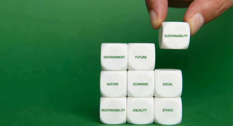 Cubes that say Environment, Future, Sustainability, Nature, Economic, Social, Responsibility, Equality, Ethics