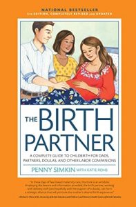 Book cover of the birth partner. Depicts two people standing and supporting a pregnant person on a bed.